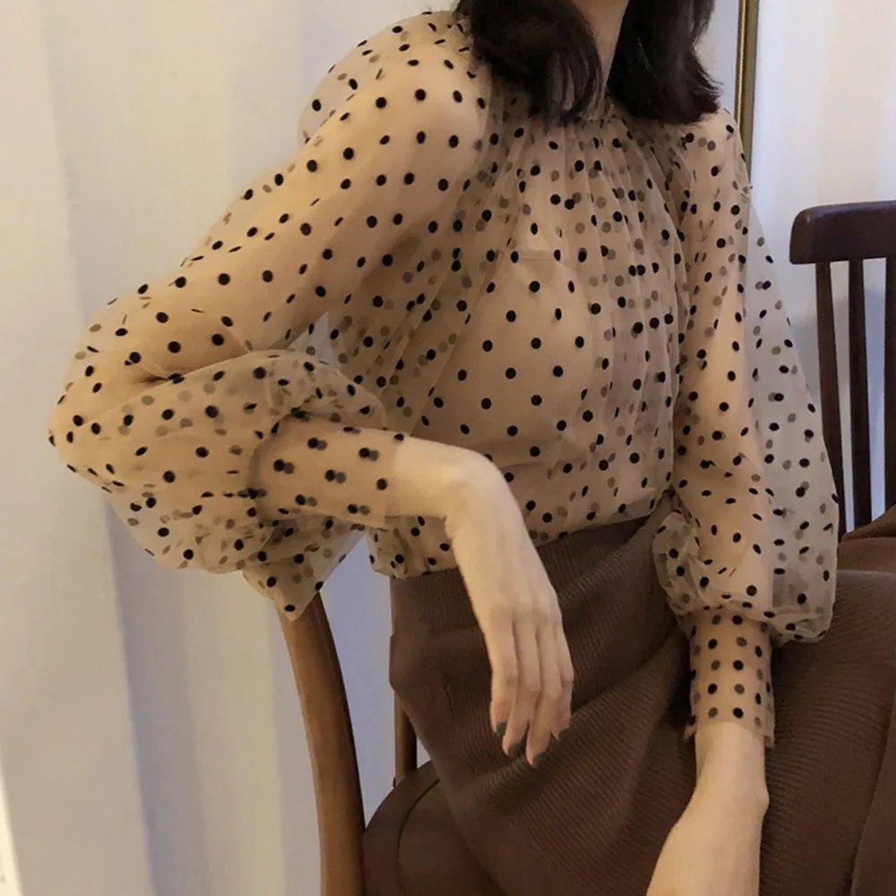 

2020 Korean Spring Polka Dot Print Blouses Women's Sweet Bubble Sleeve Gauze Blouses Ladies Elegant Mesh Shirt Blusas Tops New