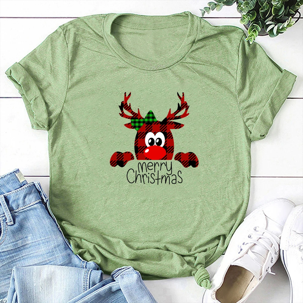 

Funny Family Christmas T Shirt Merry Christmas Autumn Tops Woman Crewneck Sleeve Short Lovely Red Deer Head Printing T Shirts
