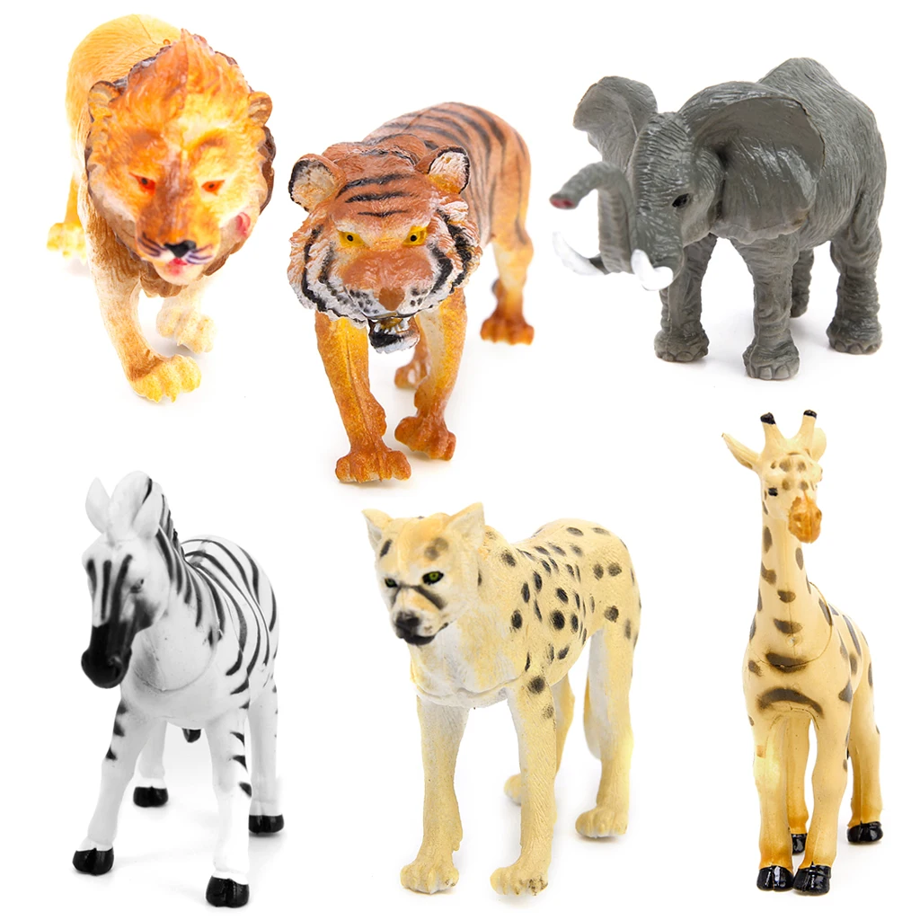 6 Plastic Wild Animal Figures Toy Tiger Leopard Lion Giraffe Zebra Elephant Toys