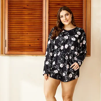 

Plus size home service fat lady plus size home service two-piece printed long-sleeved shorts pajamas