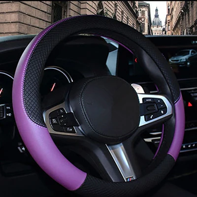 Спортивный кожаный автомобильный чехол на руль для Toyota Volkswagen Fiat hyundai Chery BYD для автомобилей Mazda аксессуары для 37 см-38 см - Название цвета: Black and purple