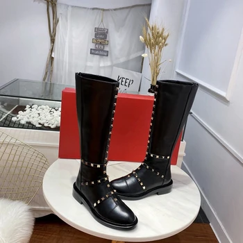 

Sharp Rivets Women Long Boots Black Genuine Leather Rockstud Ankle Boots Autumn Winter Motorcycle Knee High Boots For Women 2021