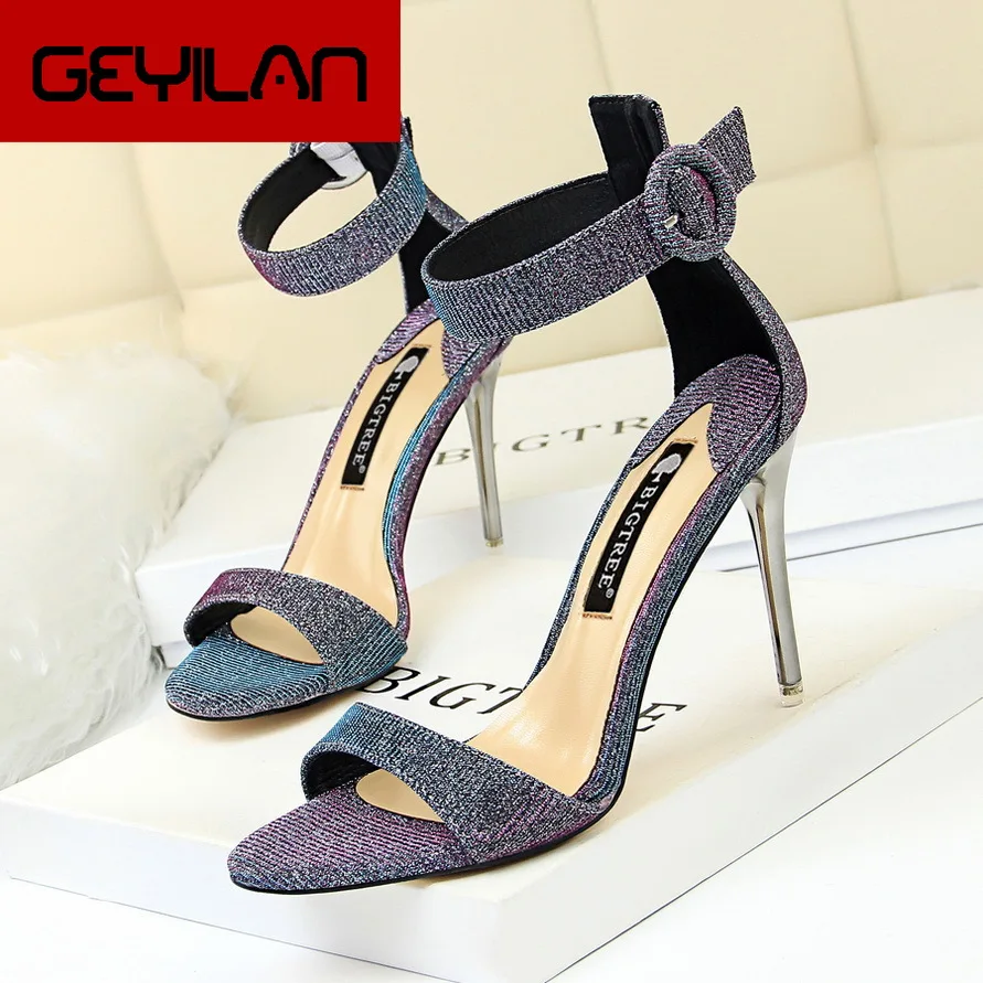 

Korean-style Metal with Ultra-High-Heel Thin Heeled Shiny A- line with Small Belt Buckle Peep-Toe Women's Summer Sandals