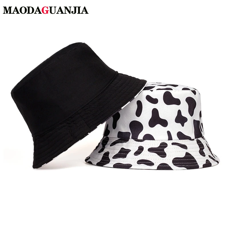 New High Quality Fashion Cow Print Hat White Black Bucket Hat Reversible Fisherman Caps Summer Hats For Women Gorras 2020