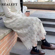 REALEFT Весна новое поступление Элегантные корейские стильные белые кружевные юбки с высокой талией Прямые длинные вечерние юбки женские юбки