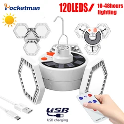 Lampe solaire Portable à 120LED avec télécommande, Rechargeable par Usb, idéale pour la nuit, comme éclairage d'urgence, pour une tente ou pour le travail ou le Camping 