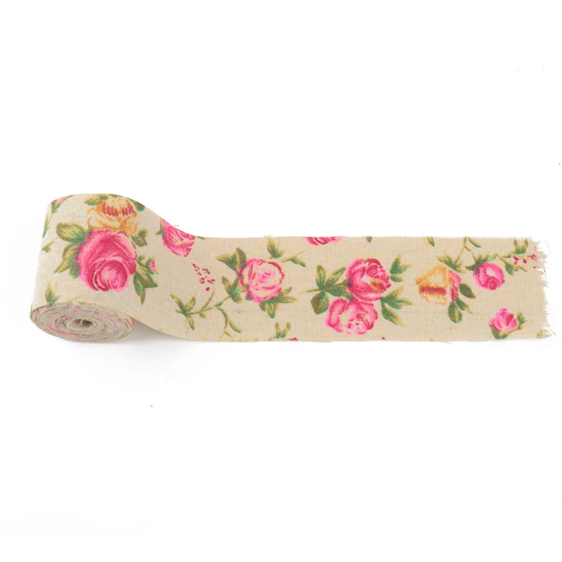3M Vintage Rose Floral Print Burlap Hessian Ribbon Fabric Wedding Craft Decors