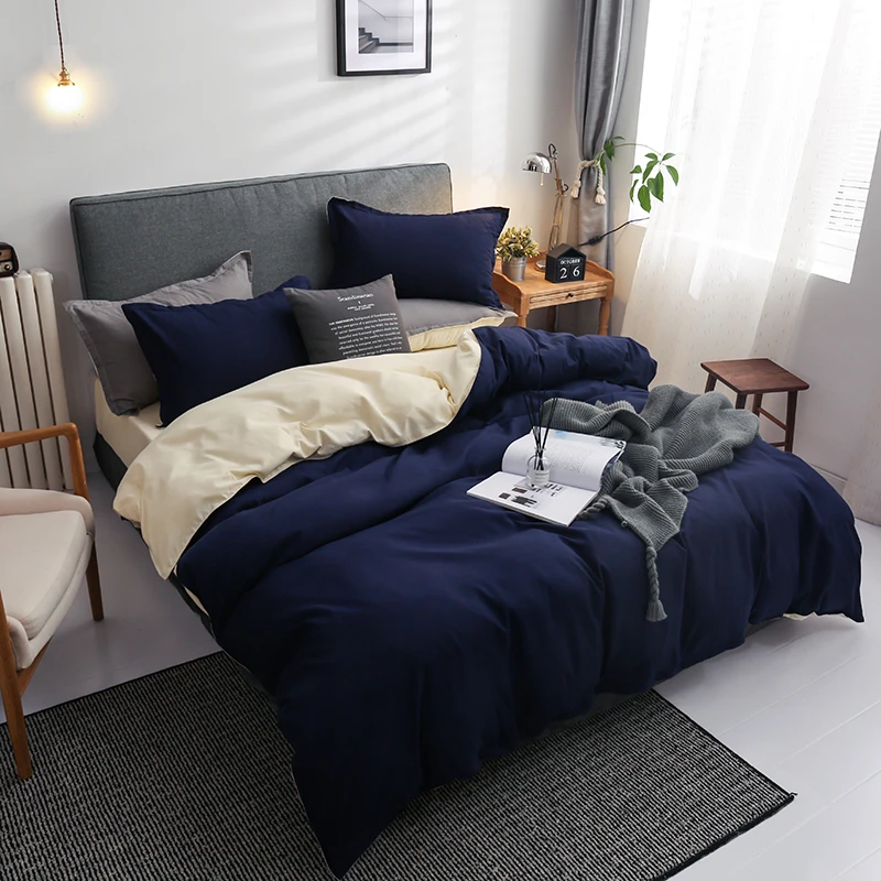 Winter New Dark Blue Beige Double Color Bedding Set Bed Flat Sheet Duvet Cover Pillowcase Queen Full Single Bedding Sets Aliexpress