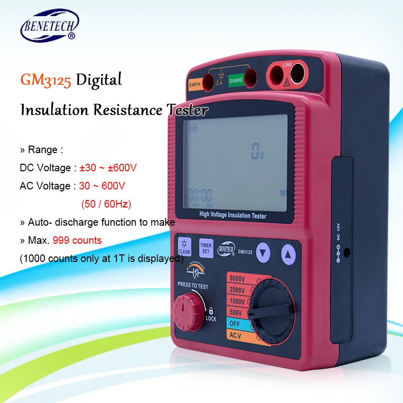 BENETECH 100% оригинальный GM3125 цифровой тестер сопротивления изоляции Мегаомметр 5000 в