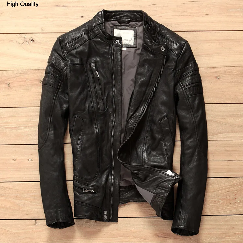 

Korean fahsion slim fit genuine leather jacket men stand collar diagonal zipper brand motorcycle jacket for men leather clothing