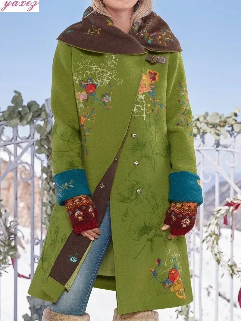 Женское длинное пальто в стиле ретро, куртка на осень и зиму, теплая накидка, шаль, пальто, верхняя одежда, модные куртки с цветочной вышивкой