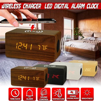 

Wireless Charging Alarm Clock Led Digit Audio USB Charger bluetooth Speaker Thermometer Phone Wireless Charger Wooden Desk Clock