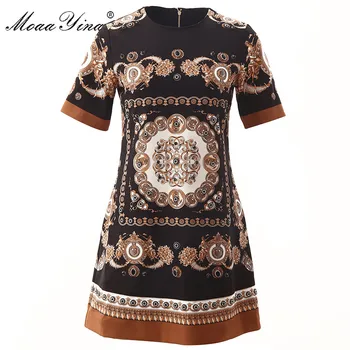 

MoaaYina Fashion Designer dress Summer Women's Dress Short sleeve Vintage Floral-Print Crystal Diamond Runway Dresses
