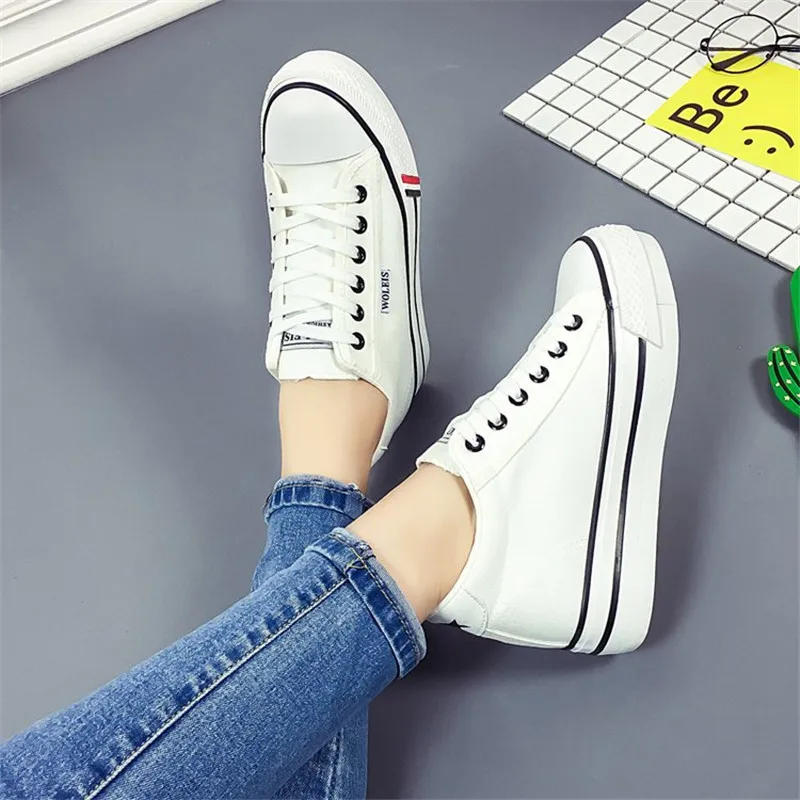 

Black Wedge Sneakers Women Red Canvas Shoes New Fashion Breathable Lace-Up High Heel Sneakers Platform White Chunky Trainers