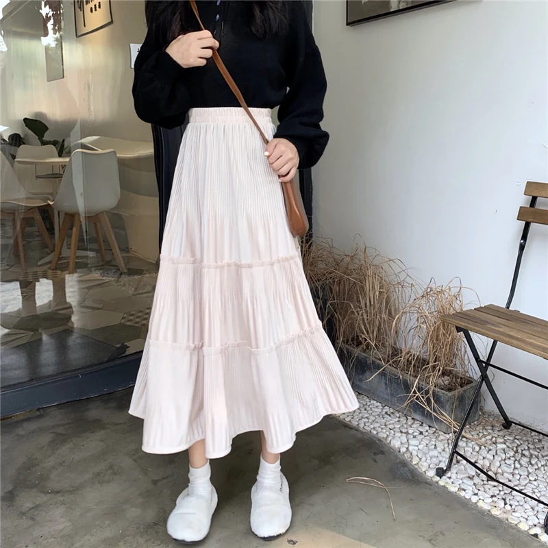 Faldas mujer moda однотонные плиссированные милые стильные осенние юбки до середины икры имперский Высокая талия Женская одежда Женская мода feminina