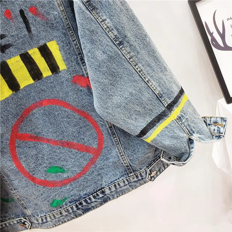 Осенние новые модные женские джинсовые куртки Harajuku граффити печати с длинным рукавом джинсовая куртка девушки подростковые джинсы пальто Верхняя одежда