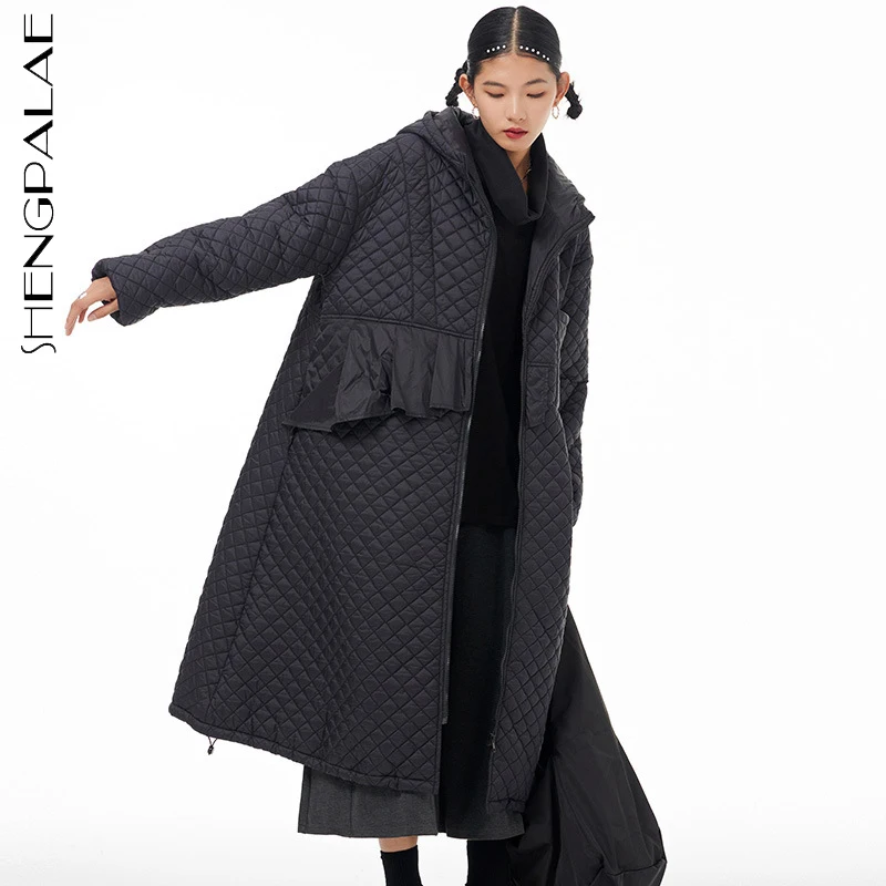 SHENGPALAE Fashion Argyle Hooded Solid Color Cotton Padded Jacket Women's Winter 2021 New Loose Zipper Long Sleeve Warm Coat | Женская