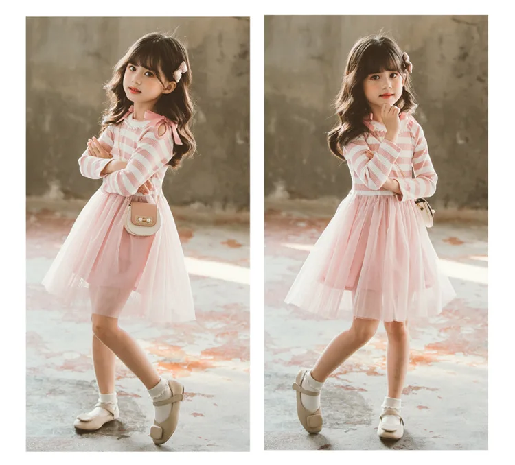 2020 Big Girls Casual Cotton Dress Little Kids Stripe Long Sleeve Mesh Dress Children School Clothes for 5 6 7 8 9 10 11 12 year (14)