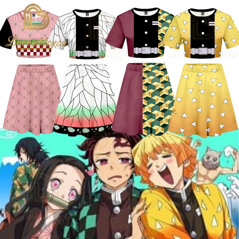 Комплект для девочек с юбкой Demon Slayer Tanjiro Kimetsu No Yaiba летний топ и шорты спортивные