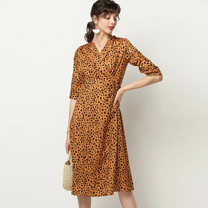Повседневные платья для женщин с леопардовым принтом, осень, модное платье-туника с коротким рукавом и поясом, винтажное сексуальное платье миди с v-образным вырезом