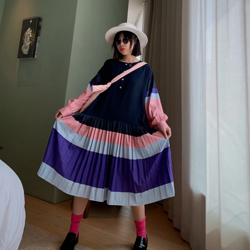 

Fashion Tide Autumn And Winter New Products Fashion Retro Stitching Long Sleeve Accordion Pleated Contrast Dress Female PA955