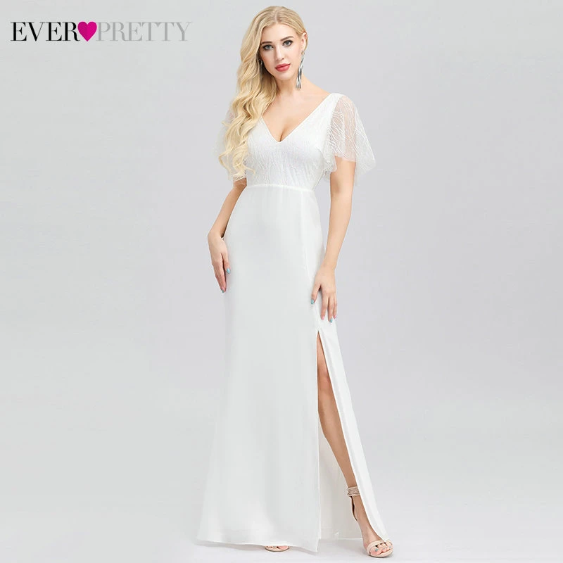 Elegant White Prom Dresses Ever Pretty EP00974 Mermaid V-Neck Short Sleeve Ruffle Side Split Formal Party Gowns Vestidos De Gala