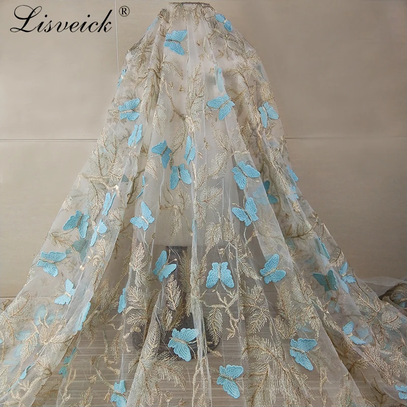 

1yard fashion 3D gold thread Embroidered Flower Butterfly Lace Fabric Applique Wedding Clothing Dress Hemline Fabric