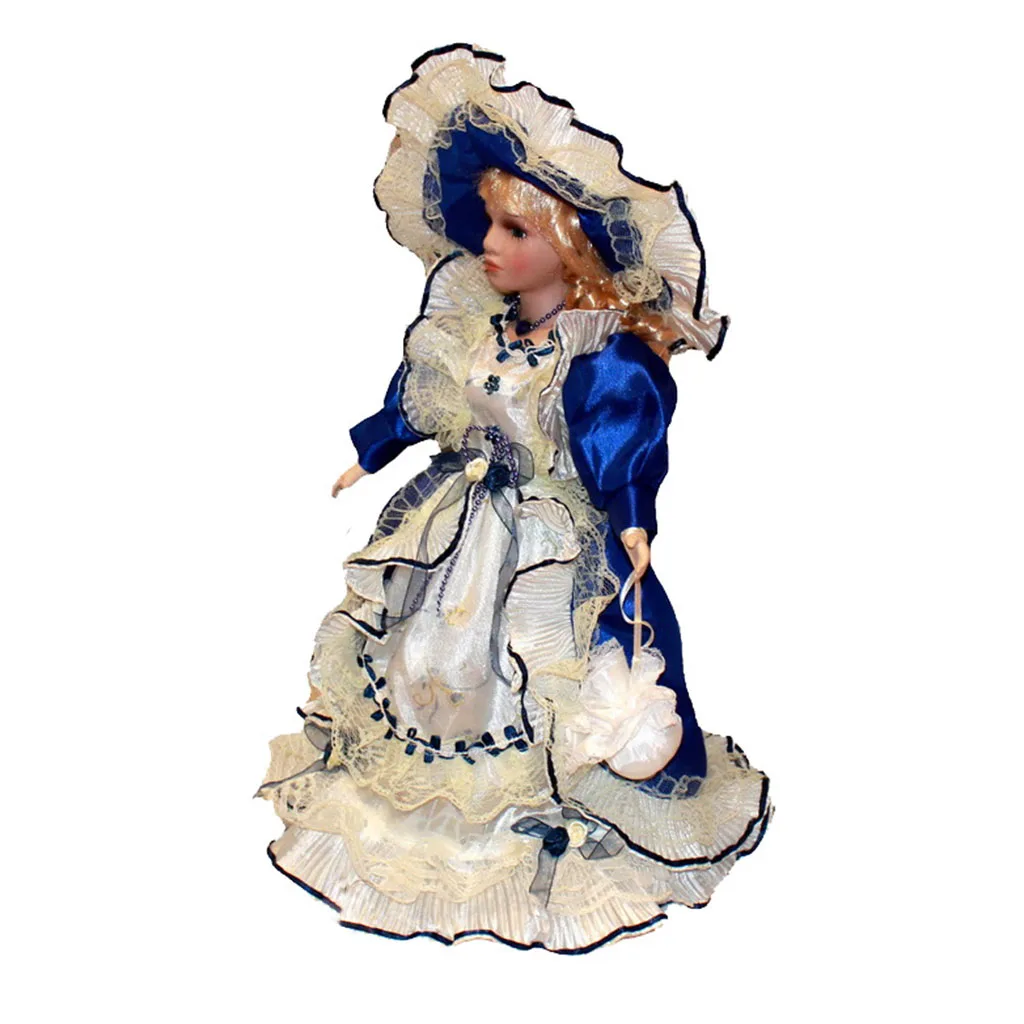 40cm Victorian Porcelain Doll Splicing Doll Wearing Blue Party Dress Collectible