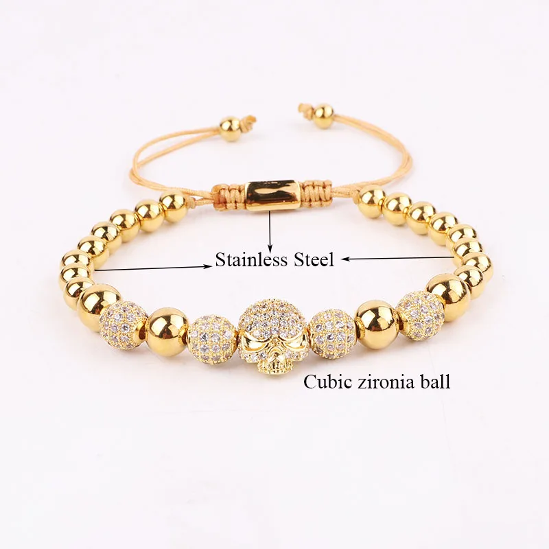 High Quality Luxury Men Jewelry Bracelet 8mm CZ Micro Pave Ball Skull Charm Adjustable Beads Macrame Bracelet - Image 2