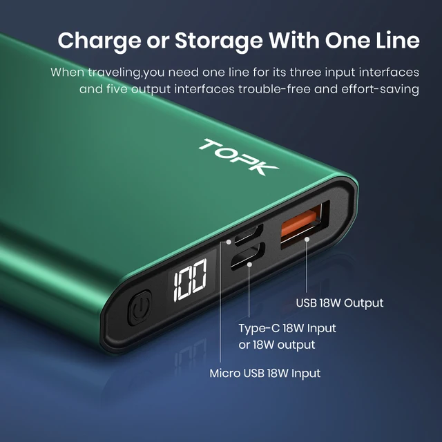 TOPK Power Bank 10000mAh Portable Charger LED External Battery PowerBank PD Two-way Fast Charging PoverBank for iPhone Xiaomi mi 3