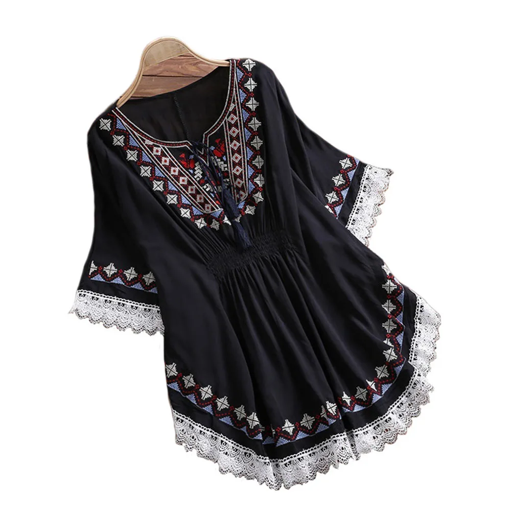 Boho Chic Этническая Вышивка Блузка женская белая рубашка Женская Туника рубашки весна лето блузка с бахромой модные черные пляжные Топы