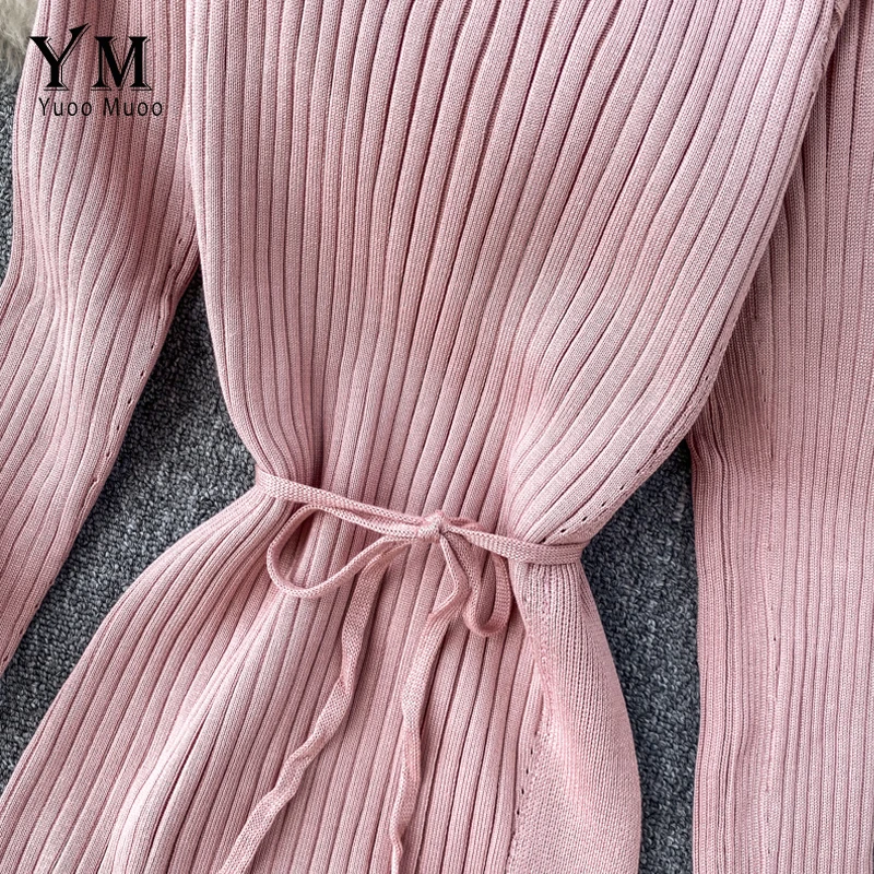 YuooMuoo, хорошее качество, зимнее платье для женщин, новинка, водолазка, теплый вязаный свитер, платье, элегантное, с поясом, с разрезом, длинное платье