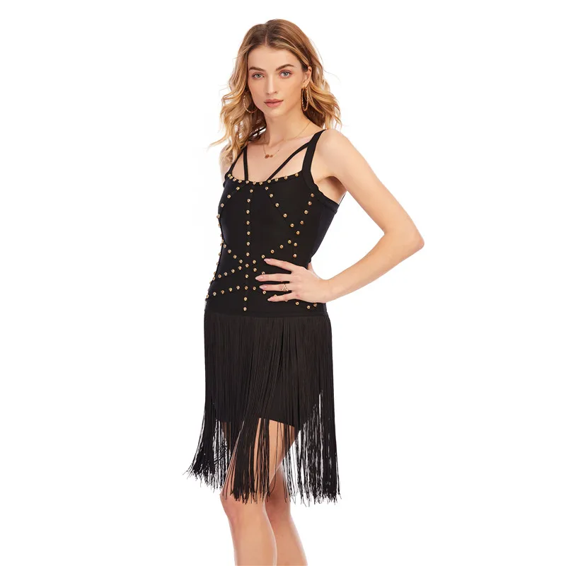 

New Fashion Women Tassel Bandage Dress Sexy Rivet Sleeveless Knitted Party Club Vestidos Elegant Black Female Dresses