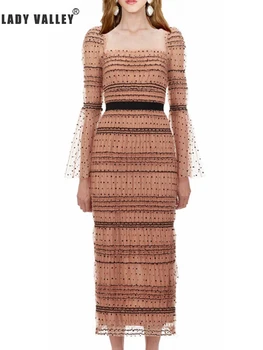 

Retro hit color polka dot sexy square collar flared sleeves waist hip skirt dress ladies spring pleat craftsmanship stretch