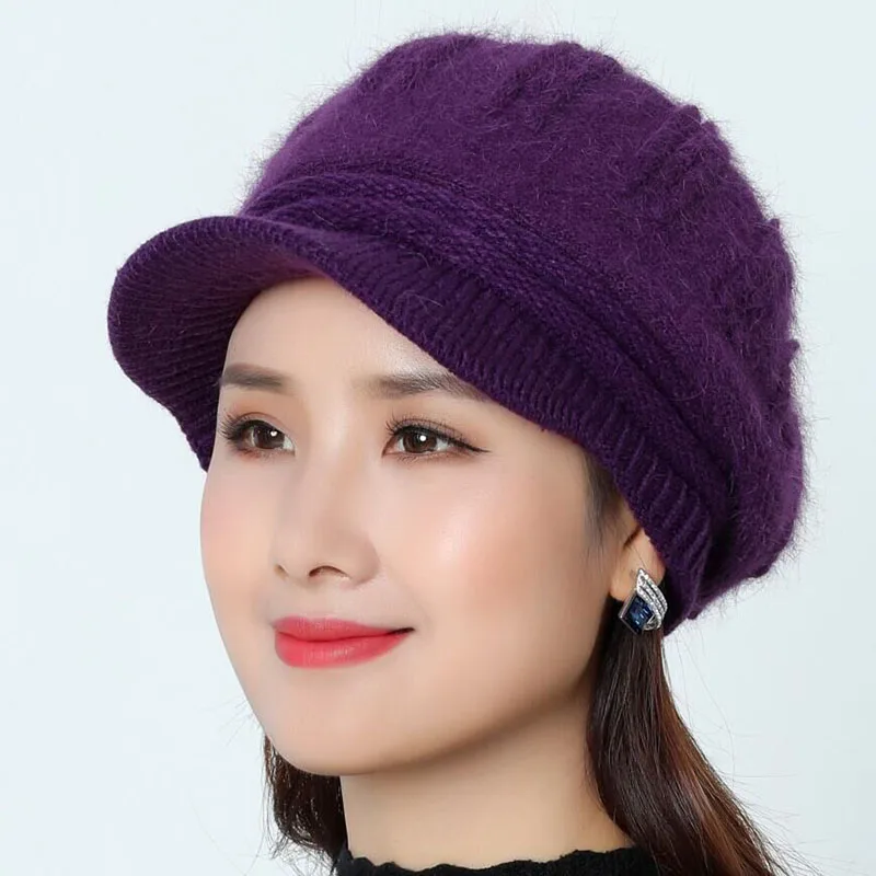 Snapback женские вязаные шапки с кроличьим мехом Beanie Осень-зима женские модные женские береты Skullies берет шляпа - Цвет: dark purple
