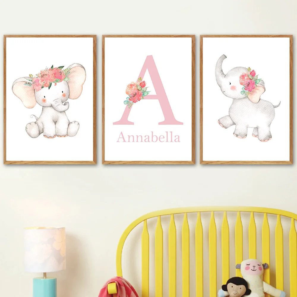 

Custom Name Poster Elphant Cartoon Canvas Painting Animal Print Pink Wall Art Nordic Poster Nursery Wall Picture Girl Room Decor
