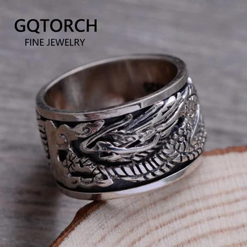 

Real Pure 925 Sterling Silver Flying Dragon Rings For Men Rotatable Vintage Punk Fashion Wide Finger Ring Biker Animal Jewelry