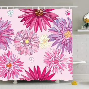 

Shower Curtain Set with Hooks 72x78 Spring Summer Female Beautiful Yellow Contrast Pattern Repeat Pink Flowers Nature Textures