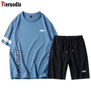 

Men Summer Tracksuit 2PC Fashion Casual Tshirts Workout Fitness Sets Mens 2020 New O-Collar Fashion 2 Pieces T-shirt Shorts 4XL