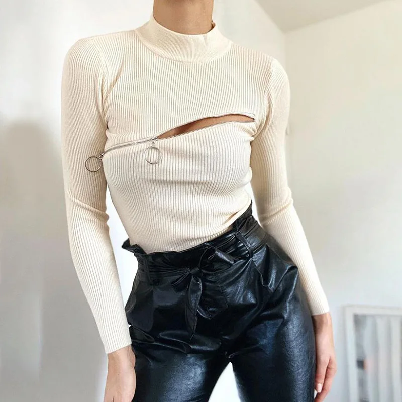

SEASONS Woman Fashion Sexy Hollow Out Zipper Design Turtleneck Ribbed Knitted Slim Fit Crop Top 2020 White Casual Tees ASTS80392