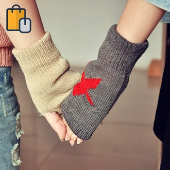 

Women Fingerless Knitted Gloves Fall Winter Solid Color Gloves With Five-point Star Print New
