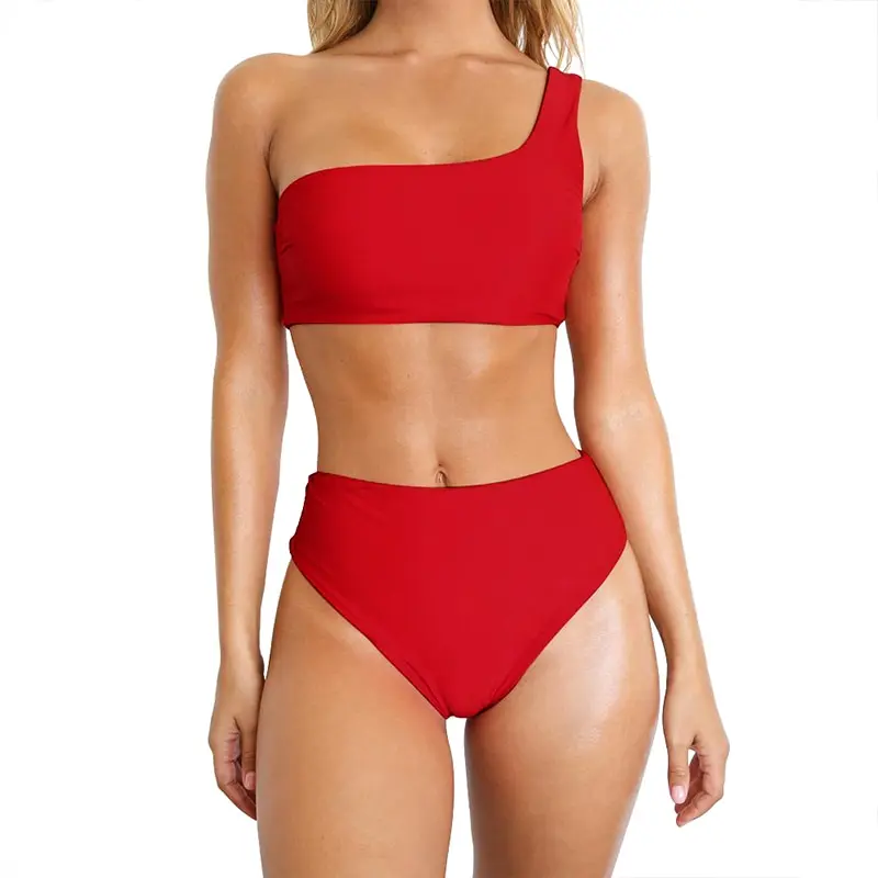 

2019 Women Two Pieces Swimsuit One Shoulder Solid Bikini Set Bathing Swimwear Swimsuit Female Separate Swimsuit Women
