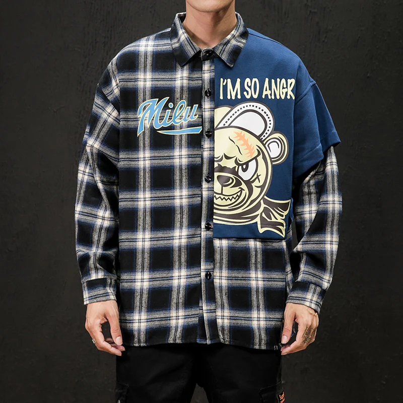 

Fake Two Pieces Plaid Mens Shirts Trends Pattern Men Long Sleeve Shirt Autumn Men Long Sleeve Shirt