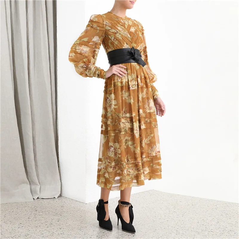 Zimm дизайнерское подиумное платье осеннее женское винтажное драпированное платье миди с длинным рукавом и цветочным принтом платье в богемном стиле для отдыха