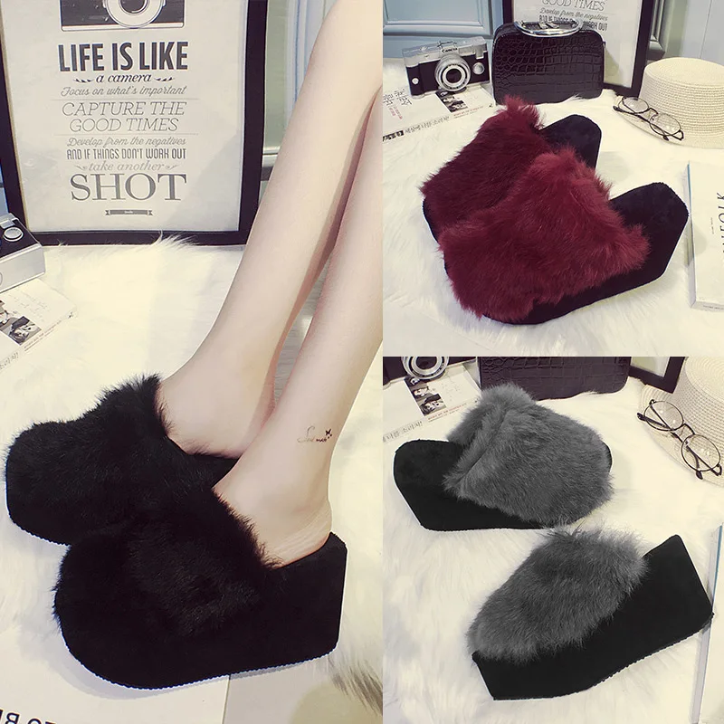 

Outer Wear Thick Bottomed Rabbit Fur Slipper Women's 2019 New Style Autumn And Winter Slanted Heel Fish Mouth High-Heel Anti-sli