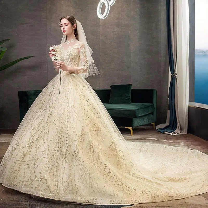 Свадебное платье с длинными рукавами, Vestido De Novia, зимний стиль, винтажный высокий вырез, открытая спина, кружевное бальное платье, цвет шампанского, большие размеры - Цвет: with train 100