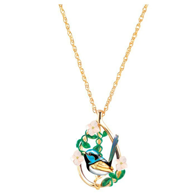 Yoziron-Blue-Bird-Flower-Leaf-Dripping-oil-Animal-Necklace-Water-Drop-Shape-Gold-Side-Pendant-Necklace (1)