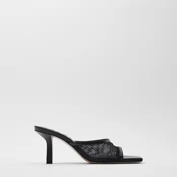 

2020 Summer New Women's Shoes Black Square Mesh High-Heeled Fashion Sandals Thin Heeled