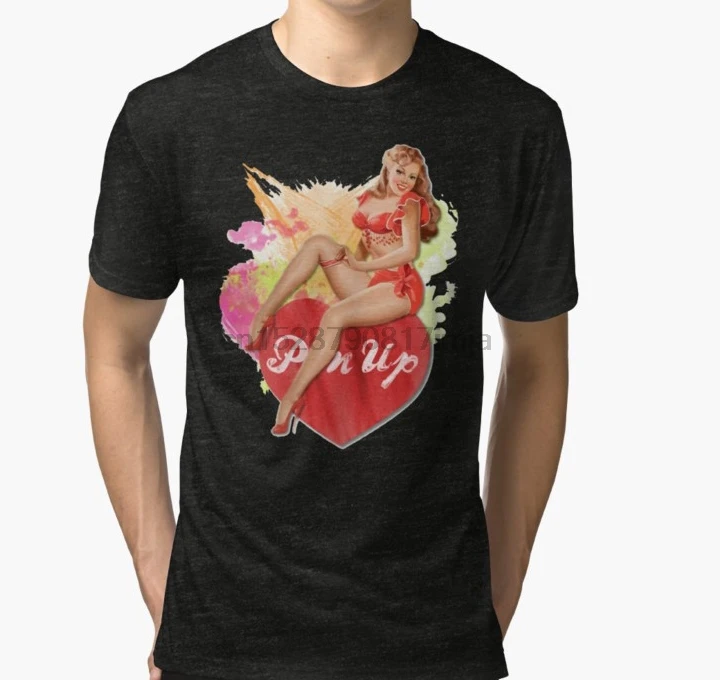 Мужская футболка Pin Up Girl Ретро стиль Валентина сексуальная арт 1940 1950 Tri blend wo