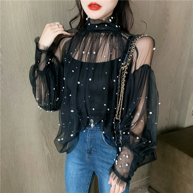 Осень Ulzzang сетки кружева перспектива для женщин блузки для малышек Свободные Водолазка рубашки Новая мода бренд дизайнер топы Blusas Mujer De Moda